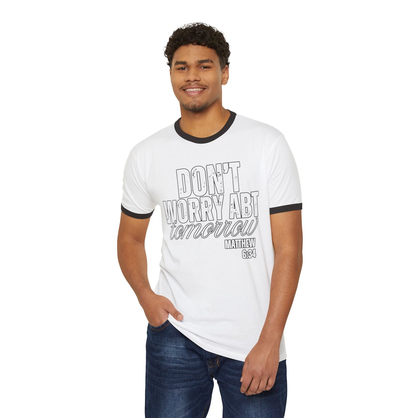 Don’t Worry About Tomorrow Ringer T‑Shirt — Matthew 6:34 Inspirational Christian Tee