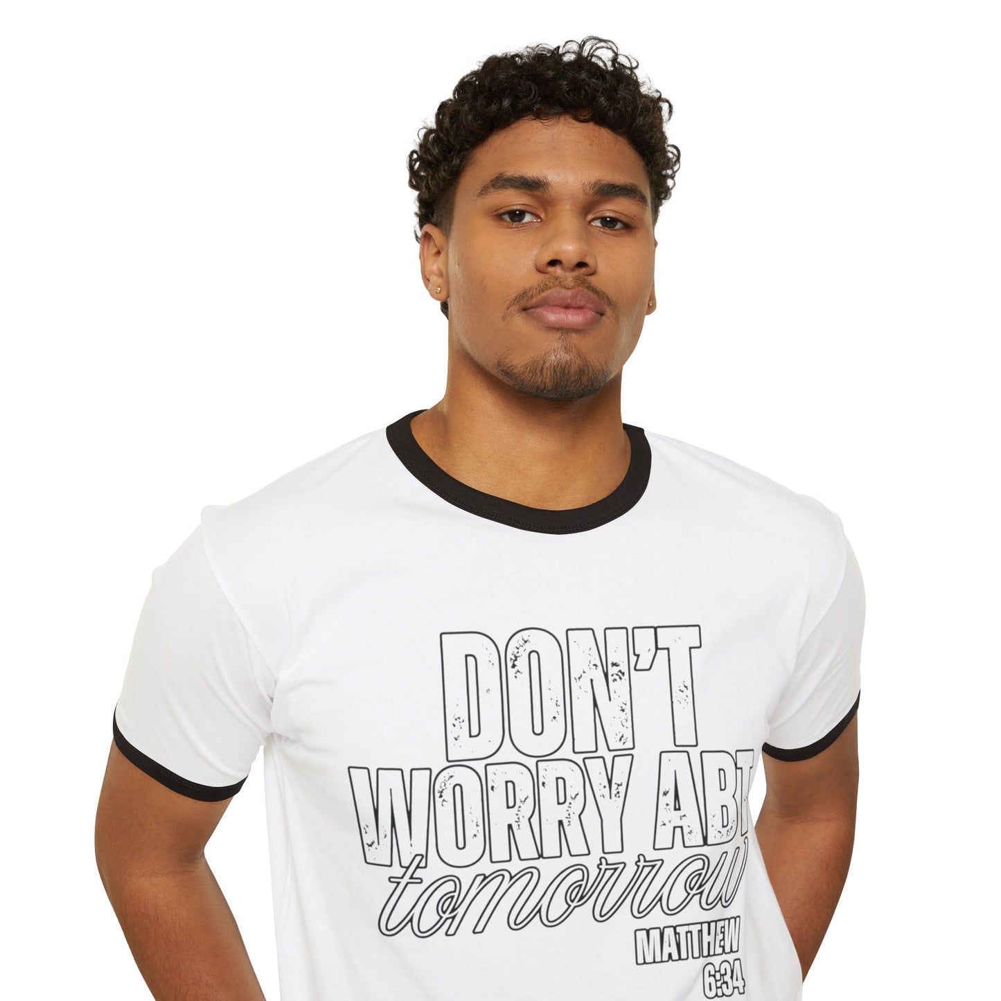Don’t Worry About Tomorrow Ringer T‑Shirt — Matthew 6:34 Inspirational Christian Tee