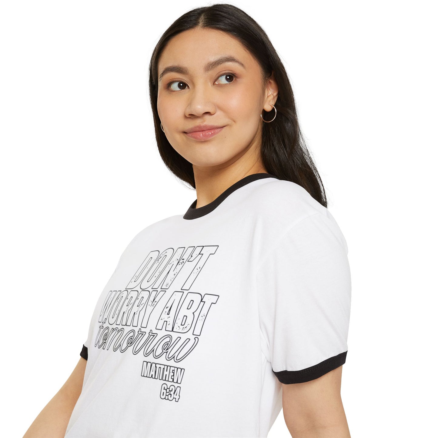Don’t Worry About Tomorrow Ringer T‑Shirt — Matthew 6:34 Inspirational Christian Tee